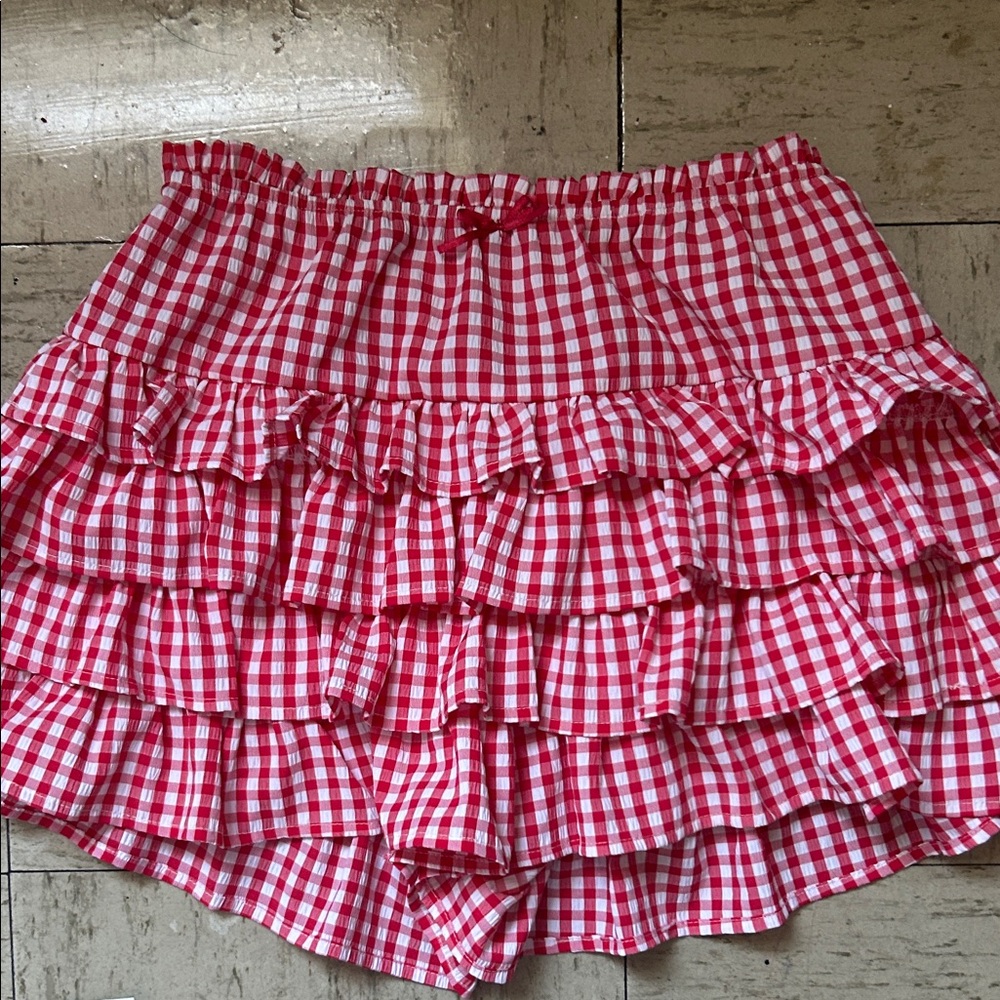 Amazon Red and White Gingham Ruffle Mini Skirt